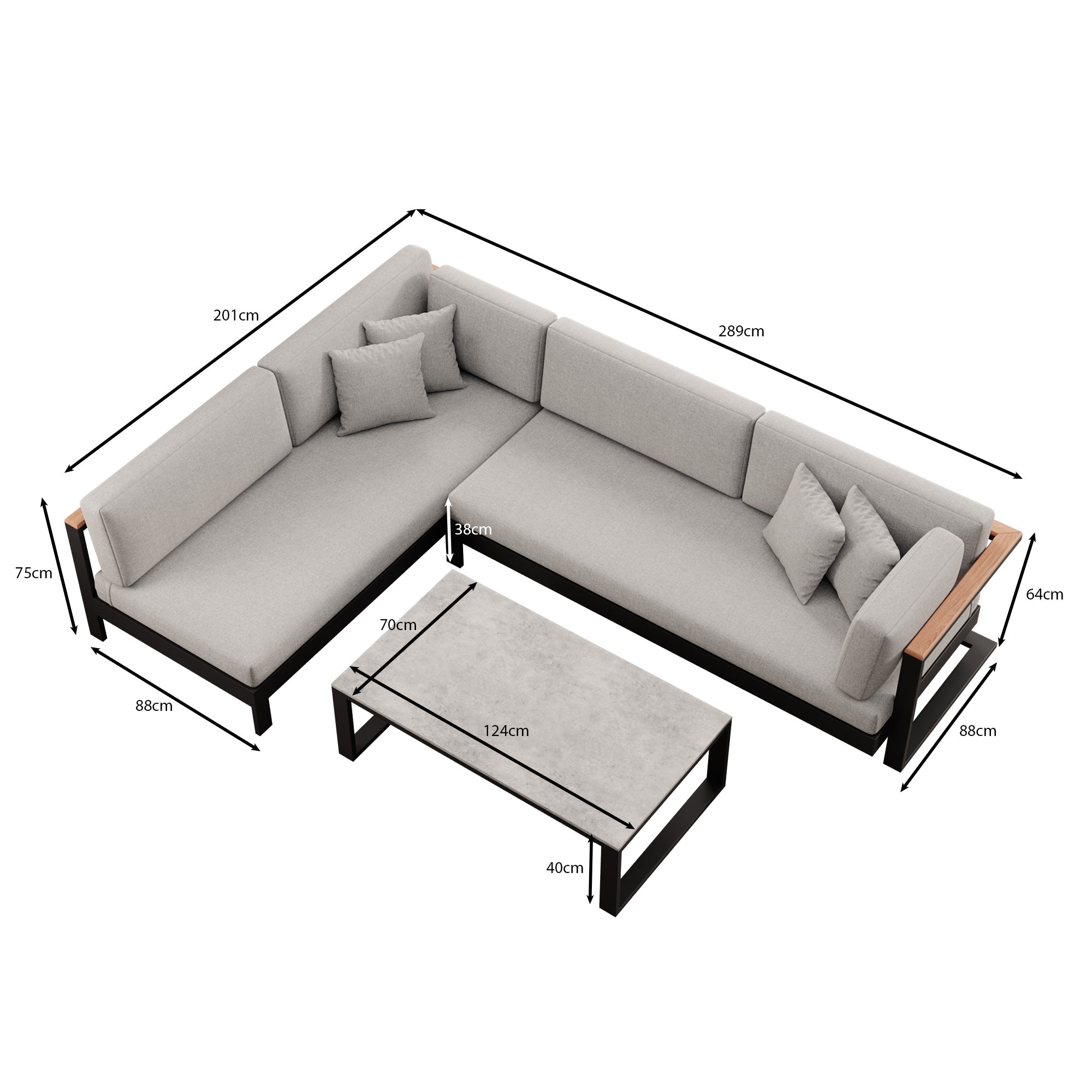 Vayla – Salon d'angle, canapé d'angle et table en aluminium noir | Collection Aevora™