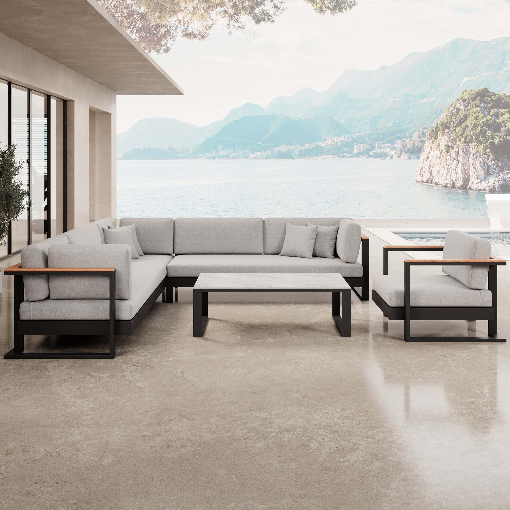 Vayla – Ensemble de salon comprenant un canapé d'angle, un fauteuil lounge et une table en aluminium noir | Collection Aevora™
