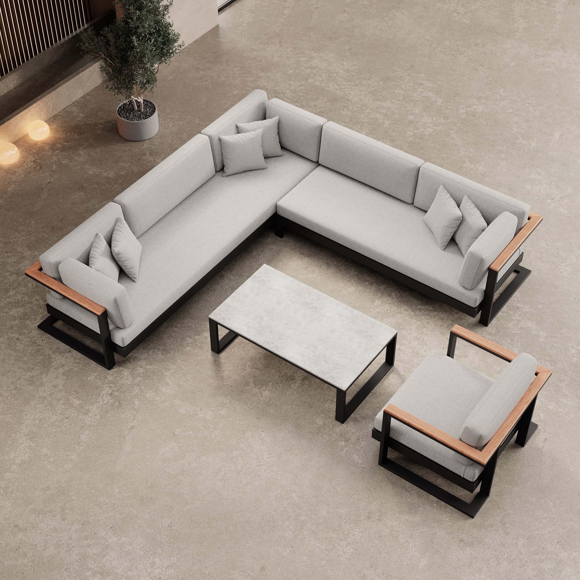 Vayla – Ensemble de salon comprenant un canapé d'angle, un fauteuil lounge et une table en aluminium noir | Collection Aevora™