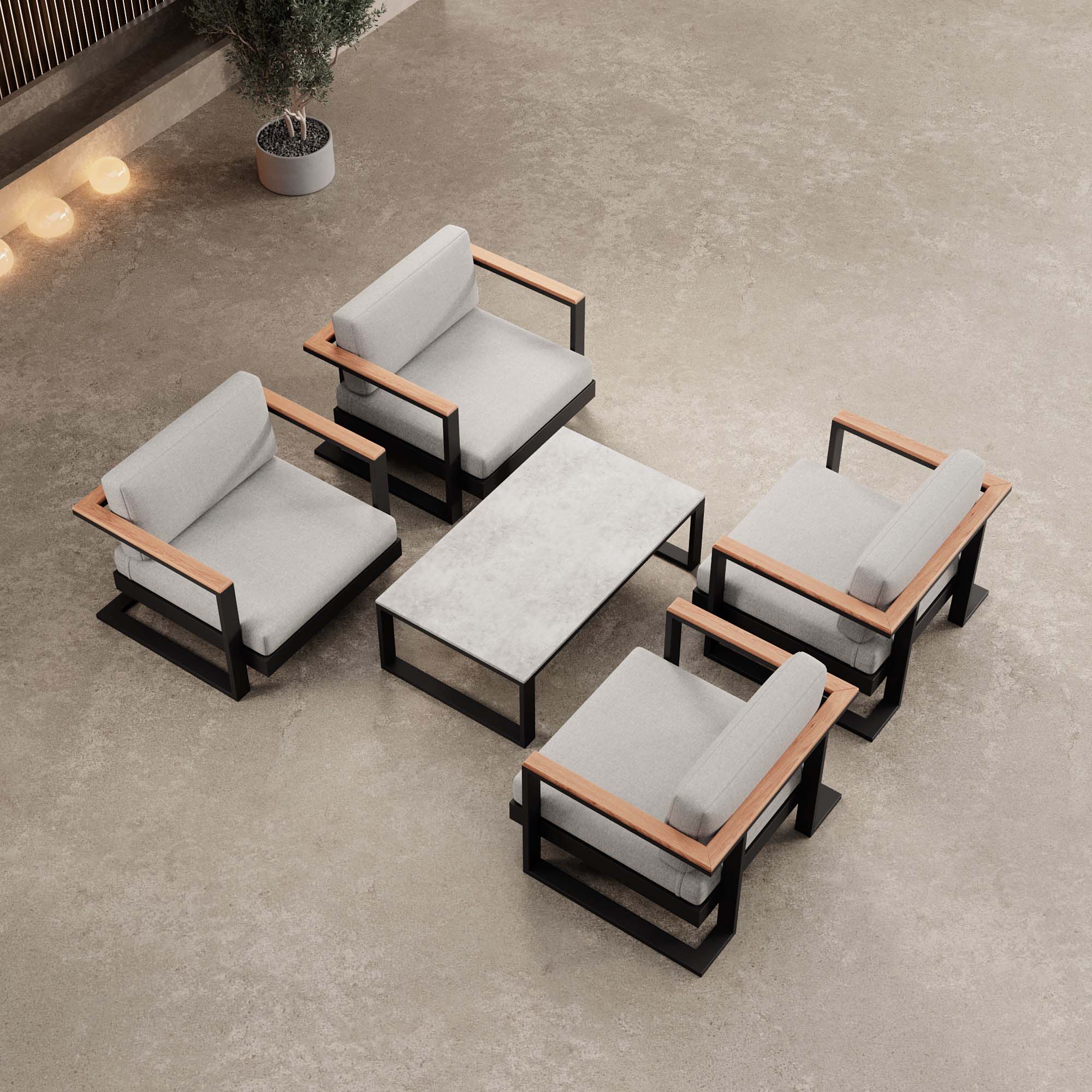 Vayla – 4 fauteuils lounge et une table en aluminium noir | Collection Aevora™
