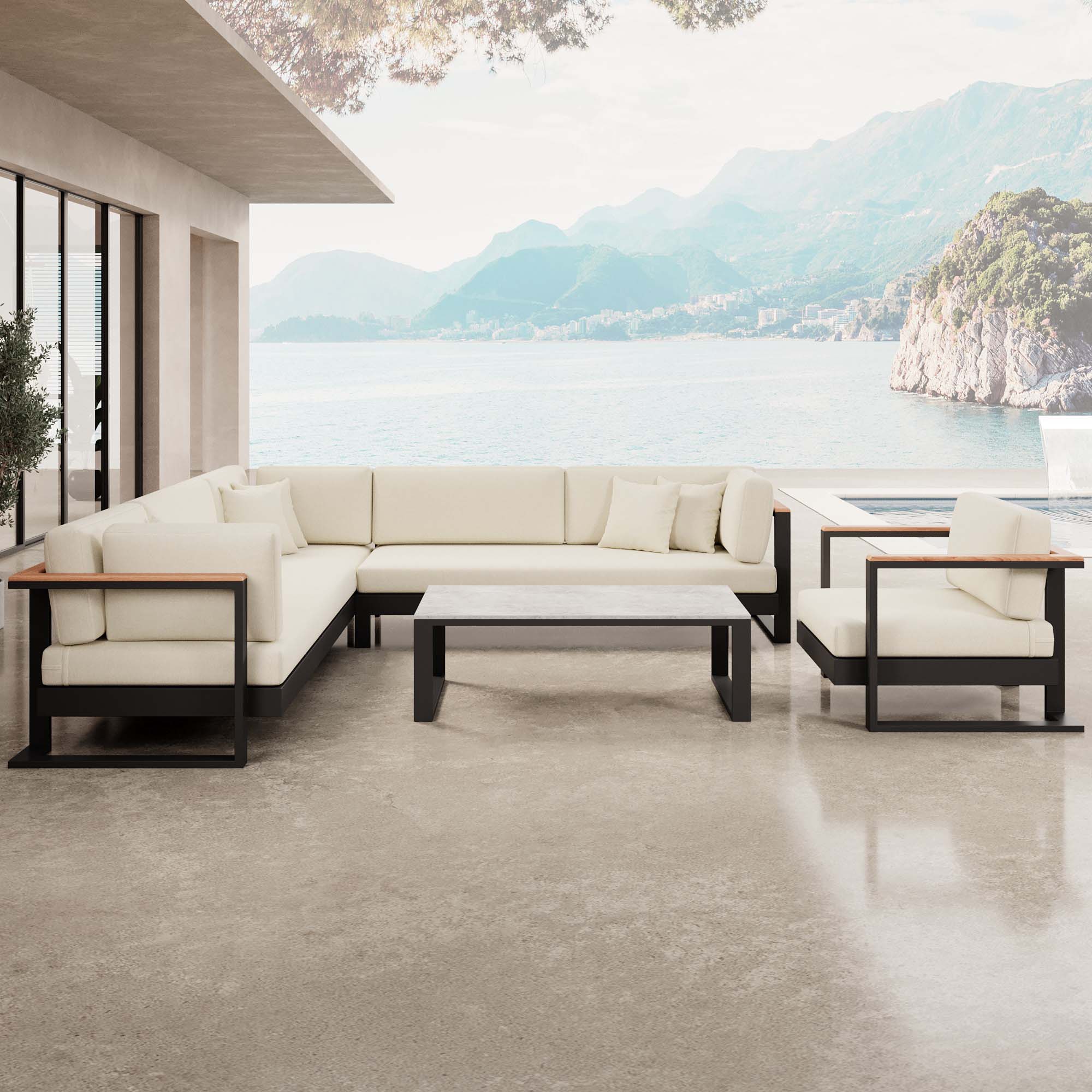 Vayla – Ensemble de salon comprenant un canapé d'angle, un fauteuil lounge et une table en aluminium noir | Collection Aevora™