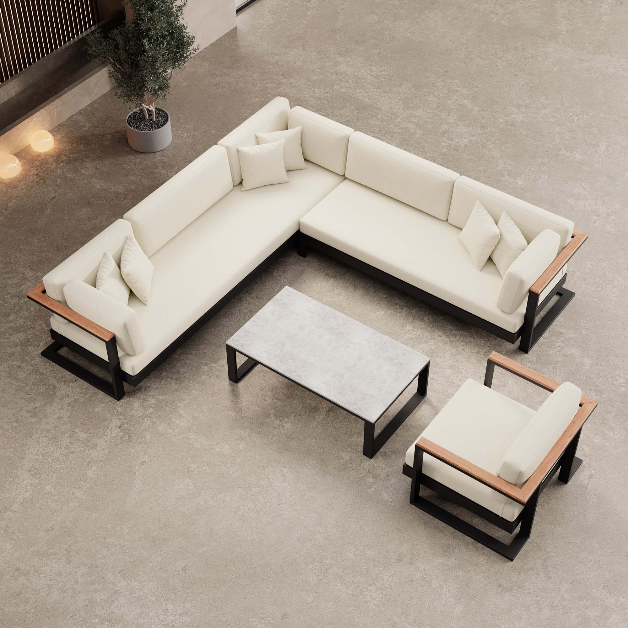 Vayla – Ensemble de salon comprenant un canapé d'angle, un fauteuil lounge et une table en aluminium noir | Collection Aevora™
