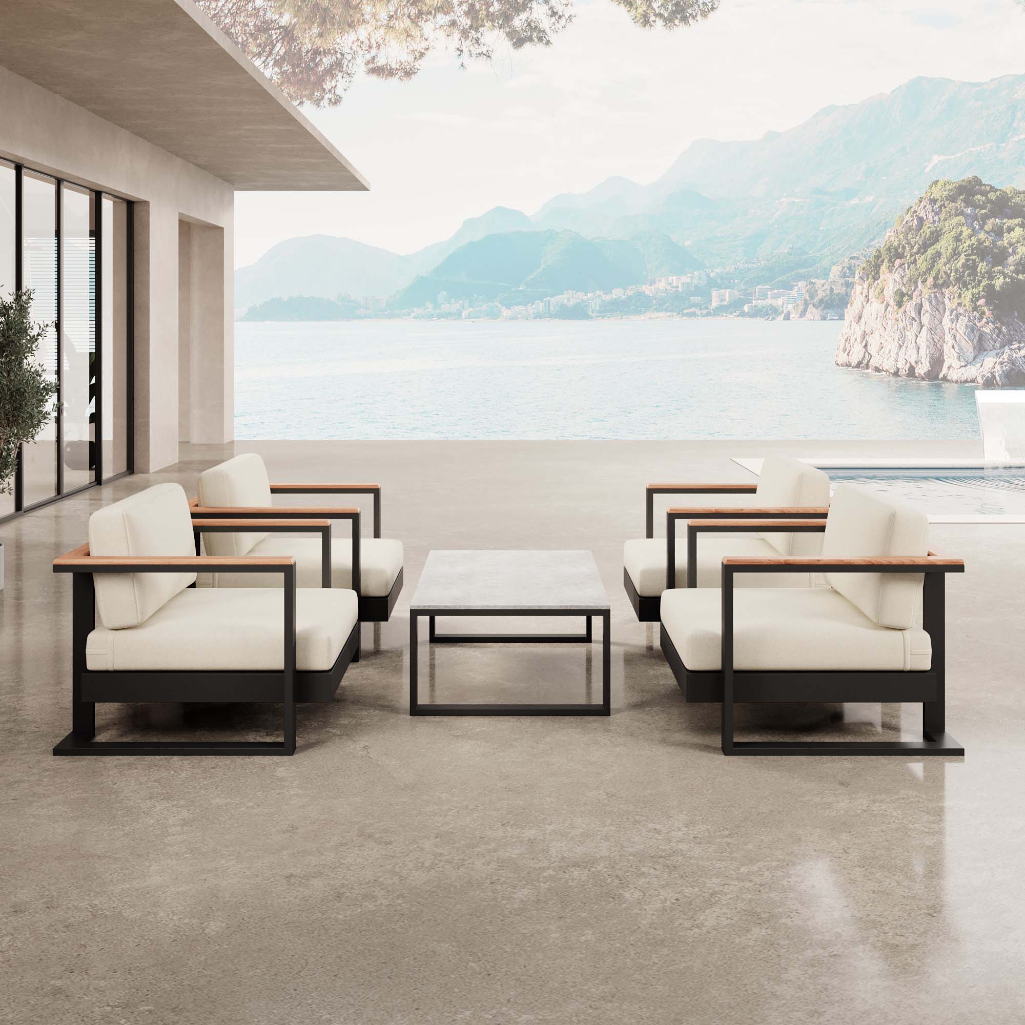 Vayla – 4 fauteuils lounge et une table en aluminium noir | Collection Aevora™