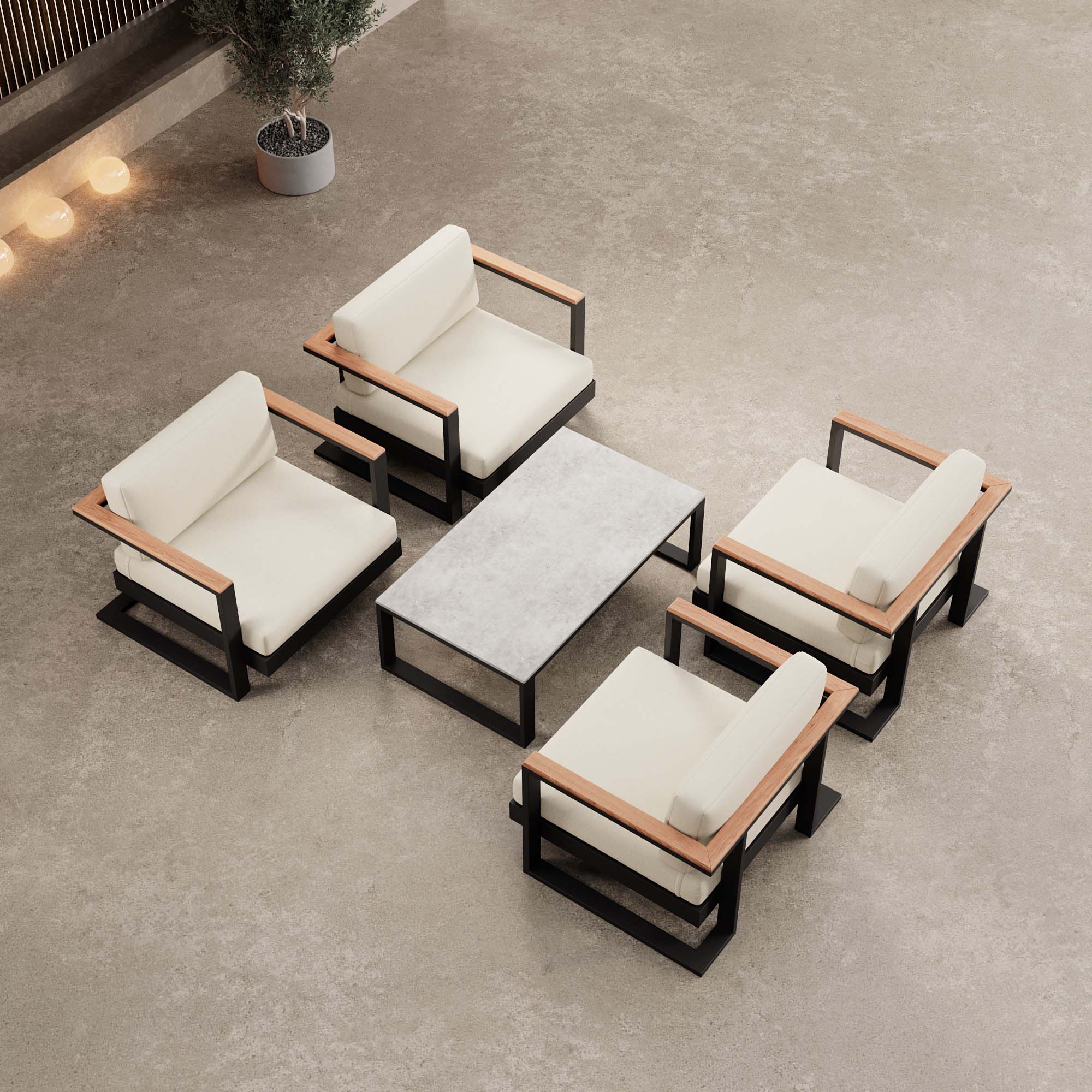 Vayla – 4 fauteuils lounge et une table en aluminium noir | Collection Aevora™