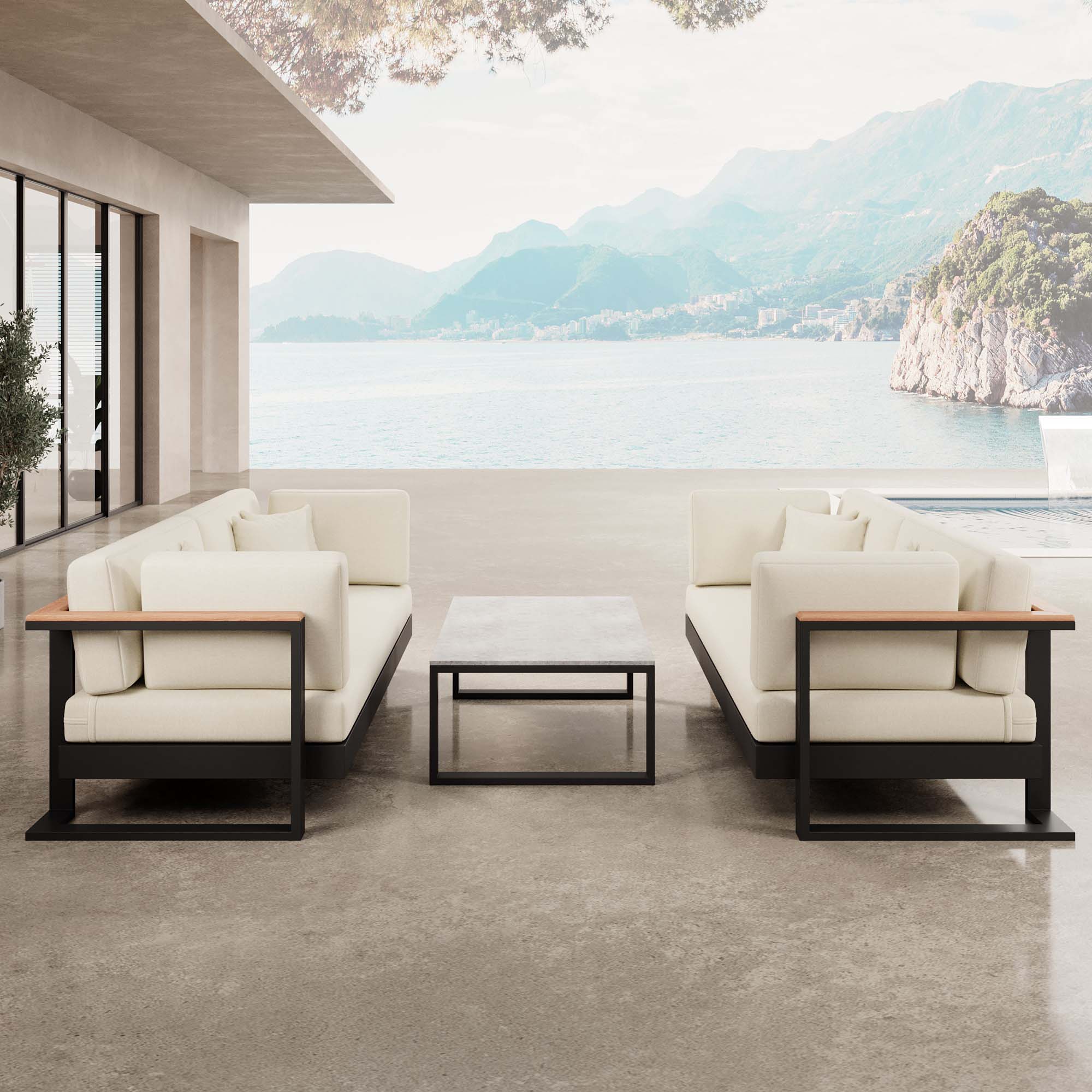 Vayla – 2 canapés deux places & table en aluminium noir | Collection Aevora™