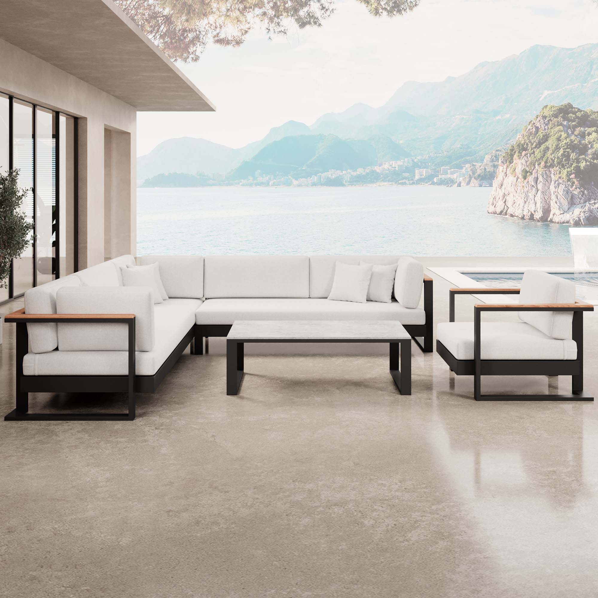 Vayla – Ensemble de salon comprenant un canapé d'angle, un fauteuil lounge et une table en aluminium noir | Collection Aevora™