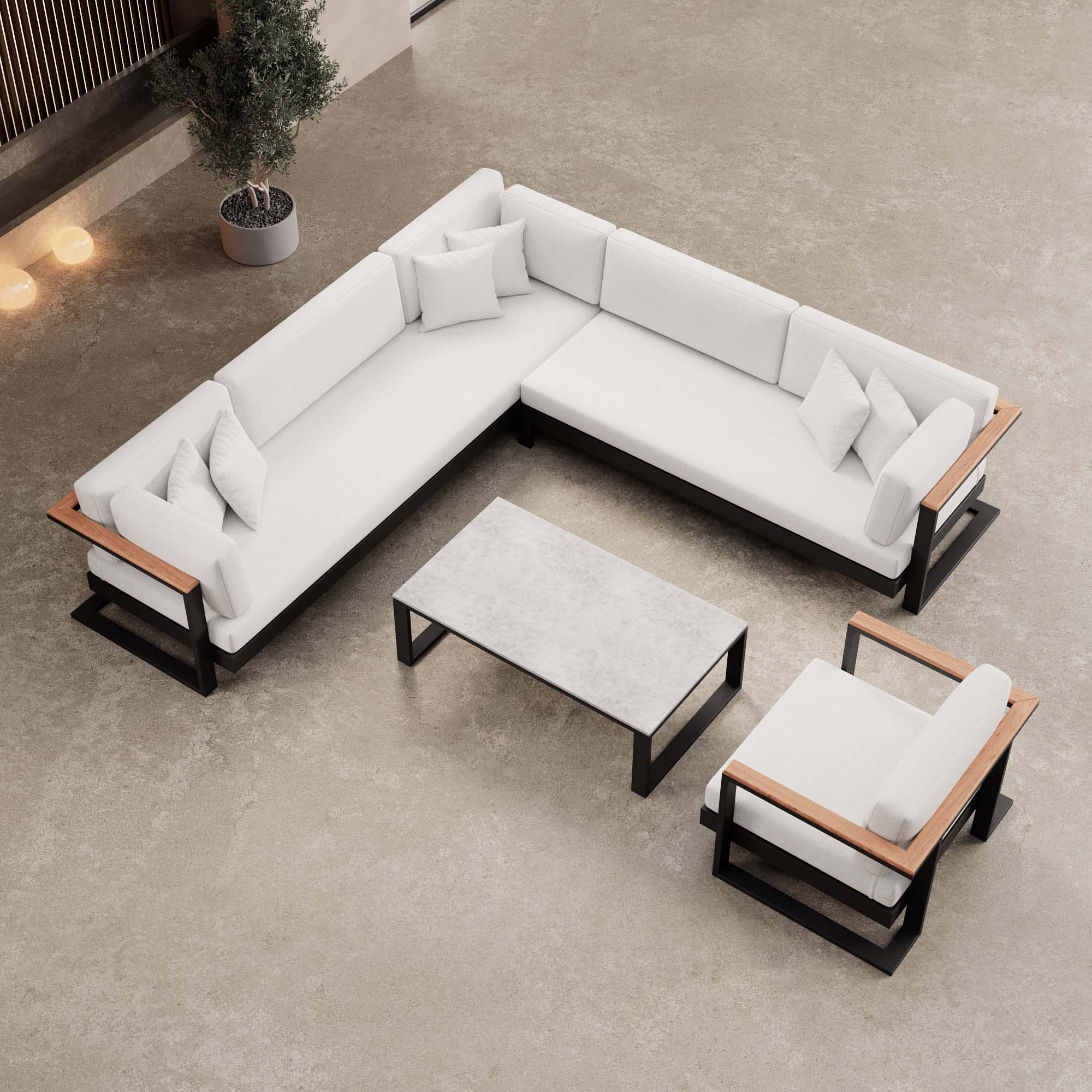 Vayla – Ensemble de salon comprenant un canapé d'angle, un fauteuil lounge et une table en aluminium noir | Collection Aevora™