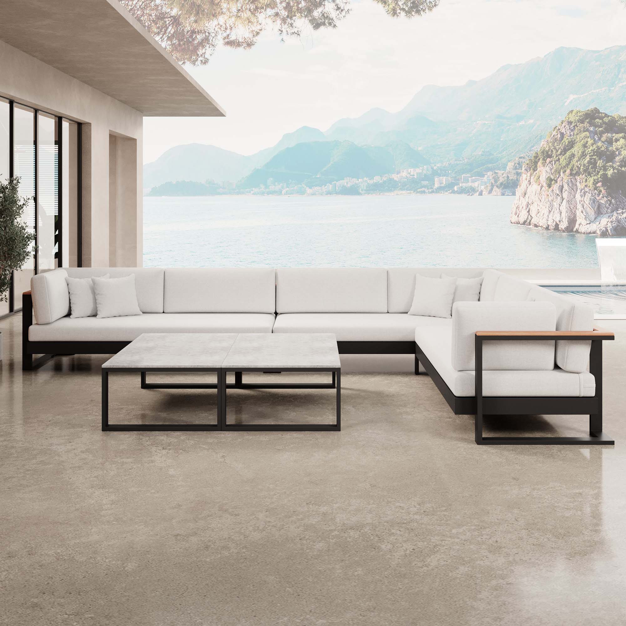 Vayla – Sectional with Double Table & Corner Sofa in Black Aluminum | Aevora™ Collection