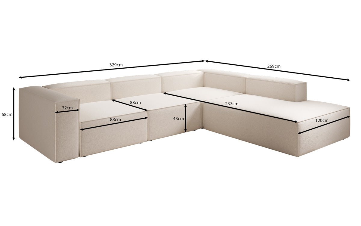 Designbank Lesley L met lange ottomane in structuurstof