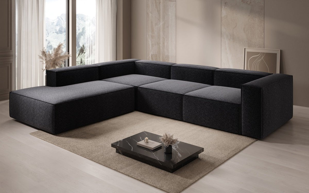 Designbank Lesley L met lange ottomane in structuurstof