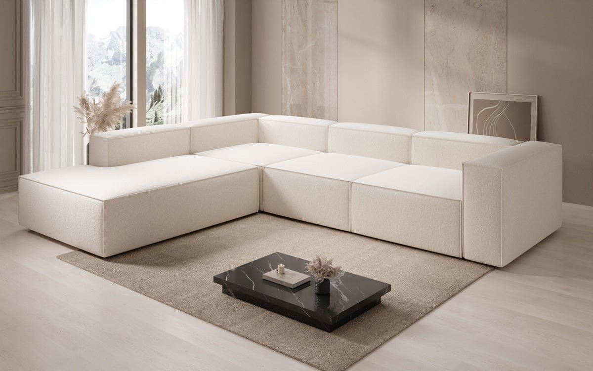 Designbank Lesley L met lange ottomane in structuurstof