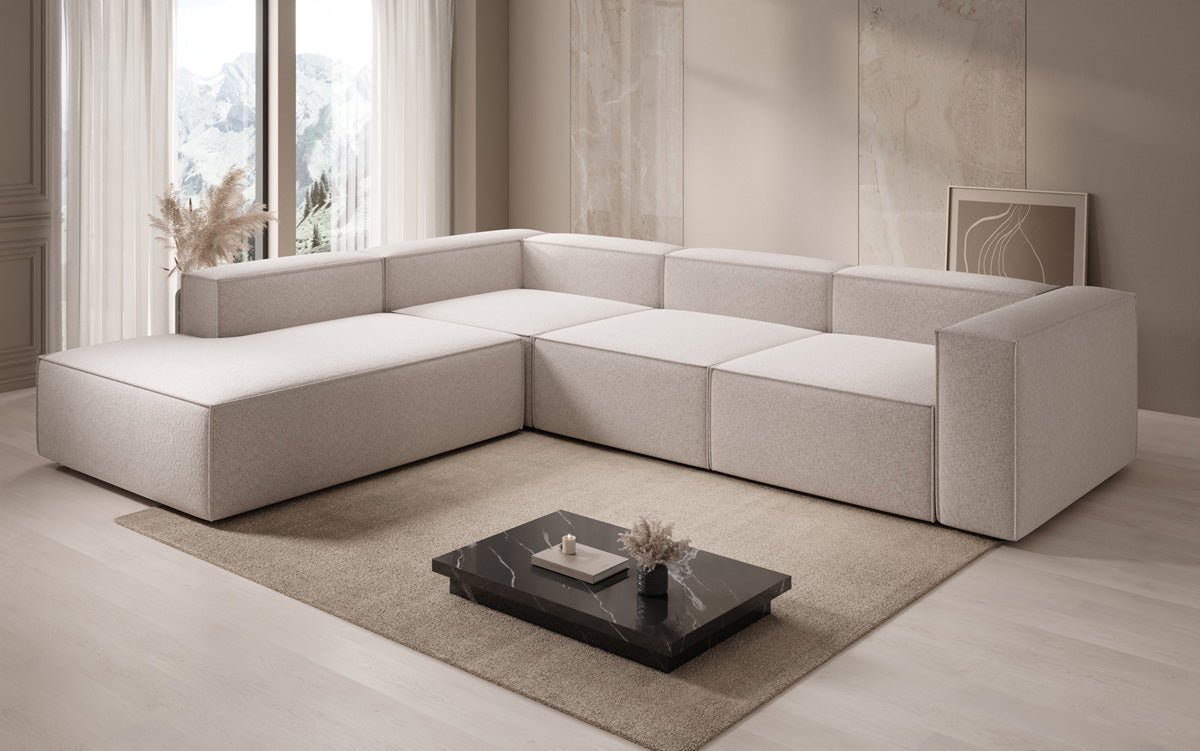 Designbank Lesley L met lange ottomane in structuurstof