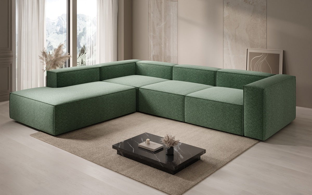 Designbank Lesley L met lange ottomane in structuurstof