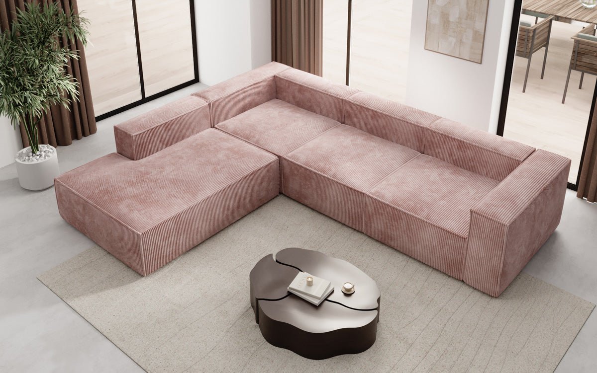 Designer Sofa Lesley L met lange ottomaan in Ribstof