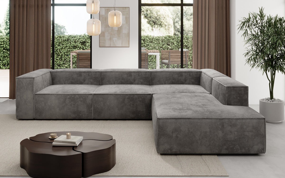 Designer Sofa Lesley L met lange ottomaan in Ribstof