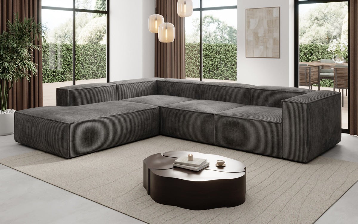 Designer Sofa Lesley L met lange ottomaan in Ribstof