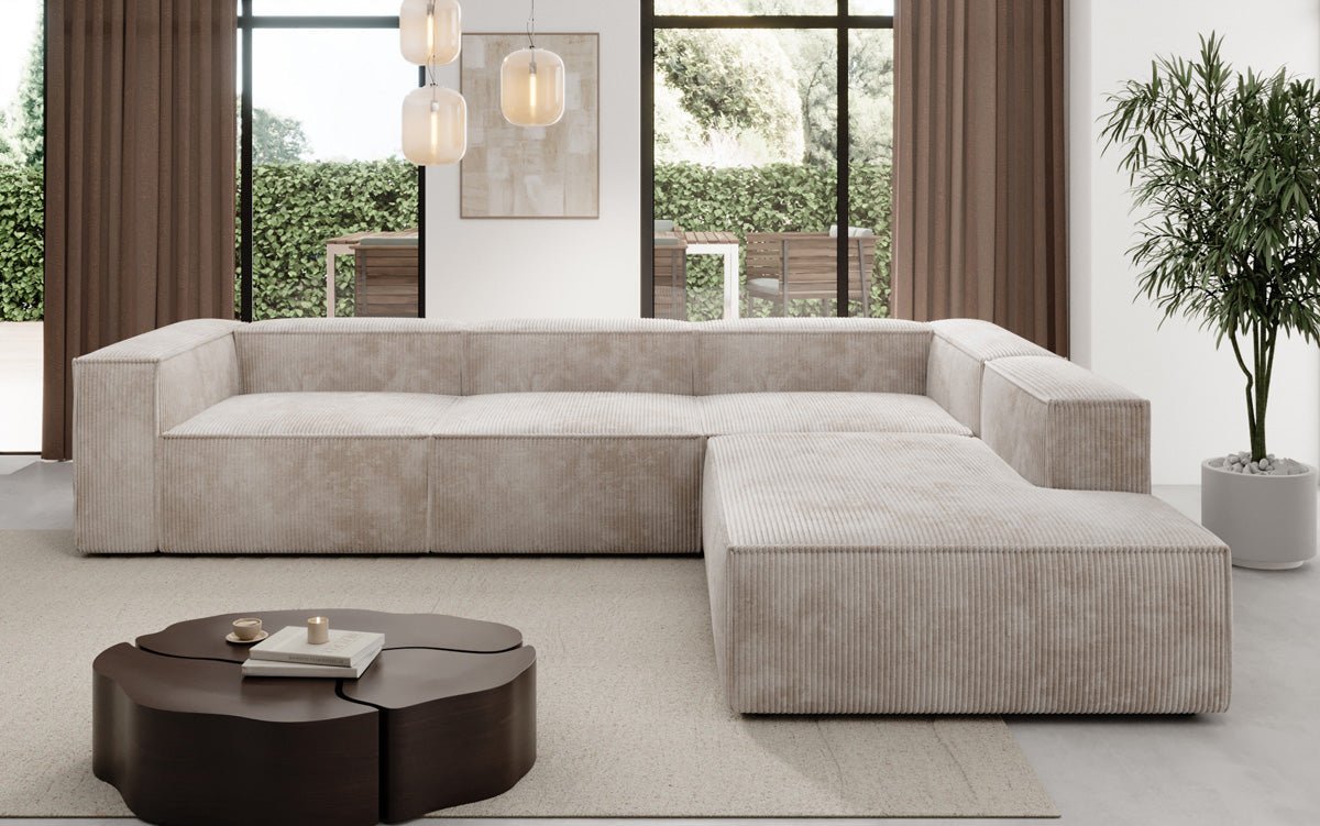 Designer Sofa Lesley L met lange ottomaan in Ribstof