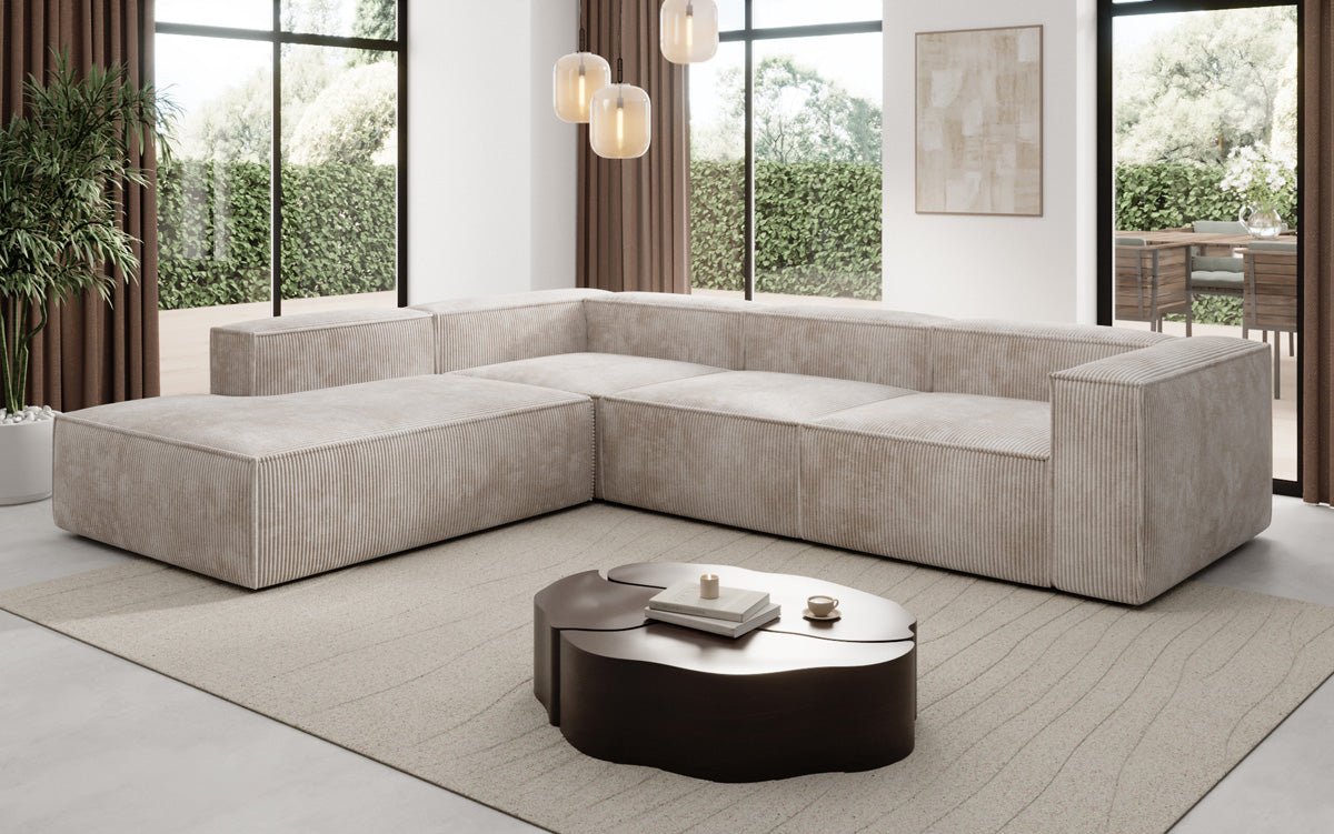 Designer Sofa Lesley L met lange ottomaan in Ribstof