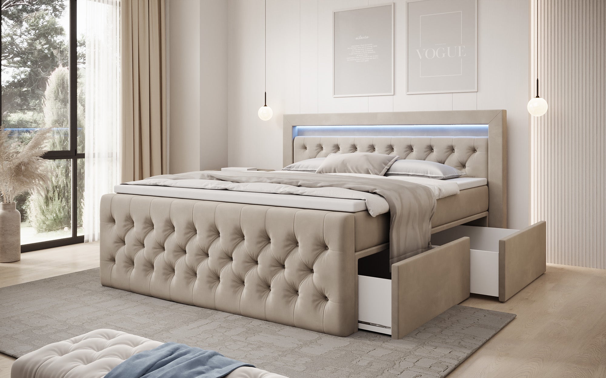 Boxspringbed Menzogna Samt mit LED und Stauraum (2 Schubladen)