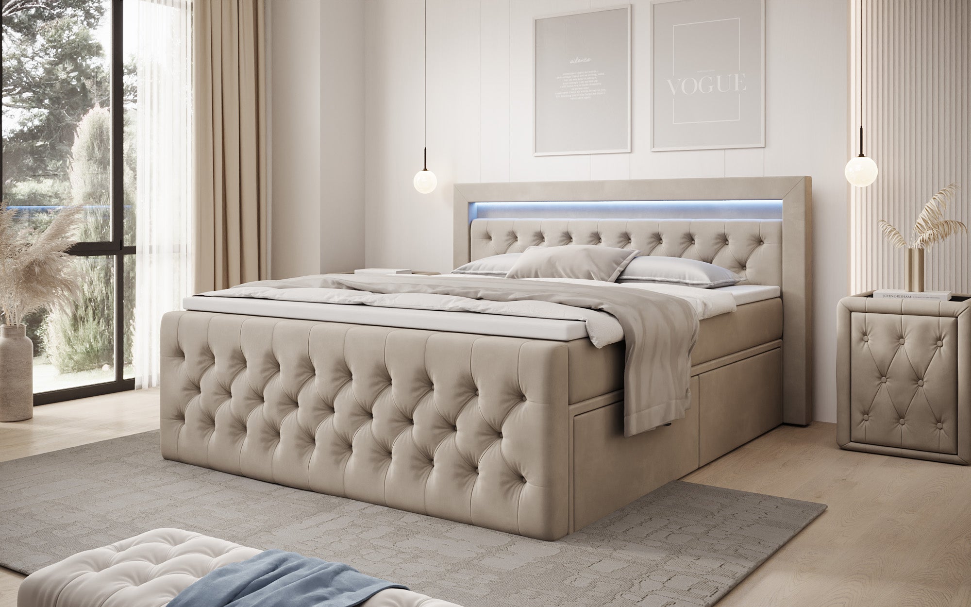 Boxspringbed Menzogna Samt mit LED und Stauraum (2 Schubladen)