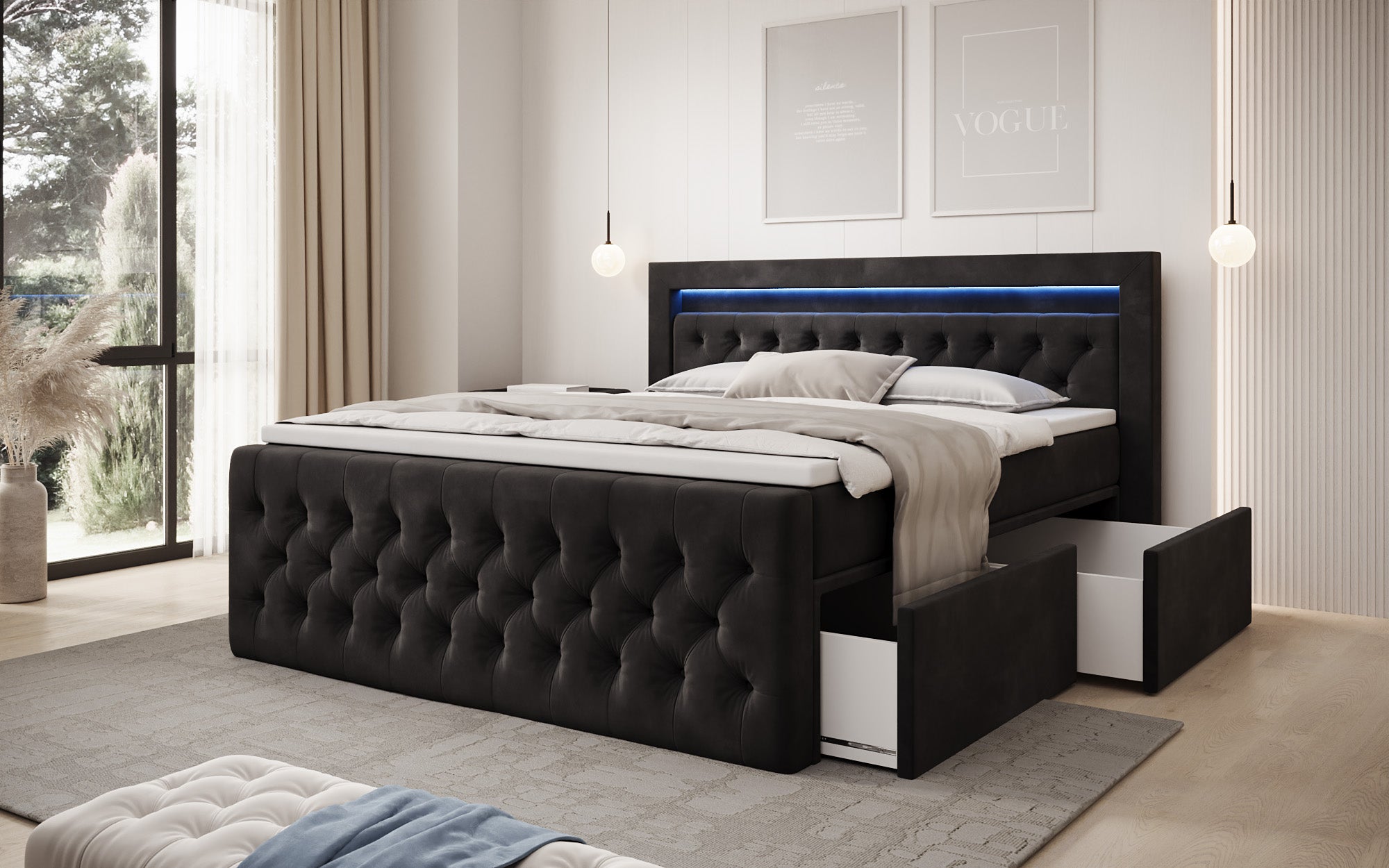 Boxspringbed Menzogna Samt mit LED und Stauraum (2 Schubladen)