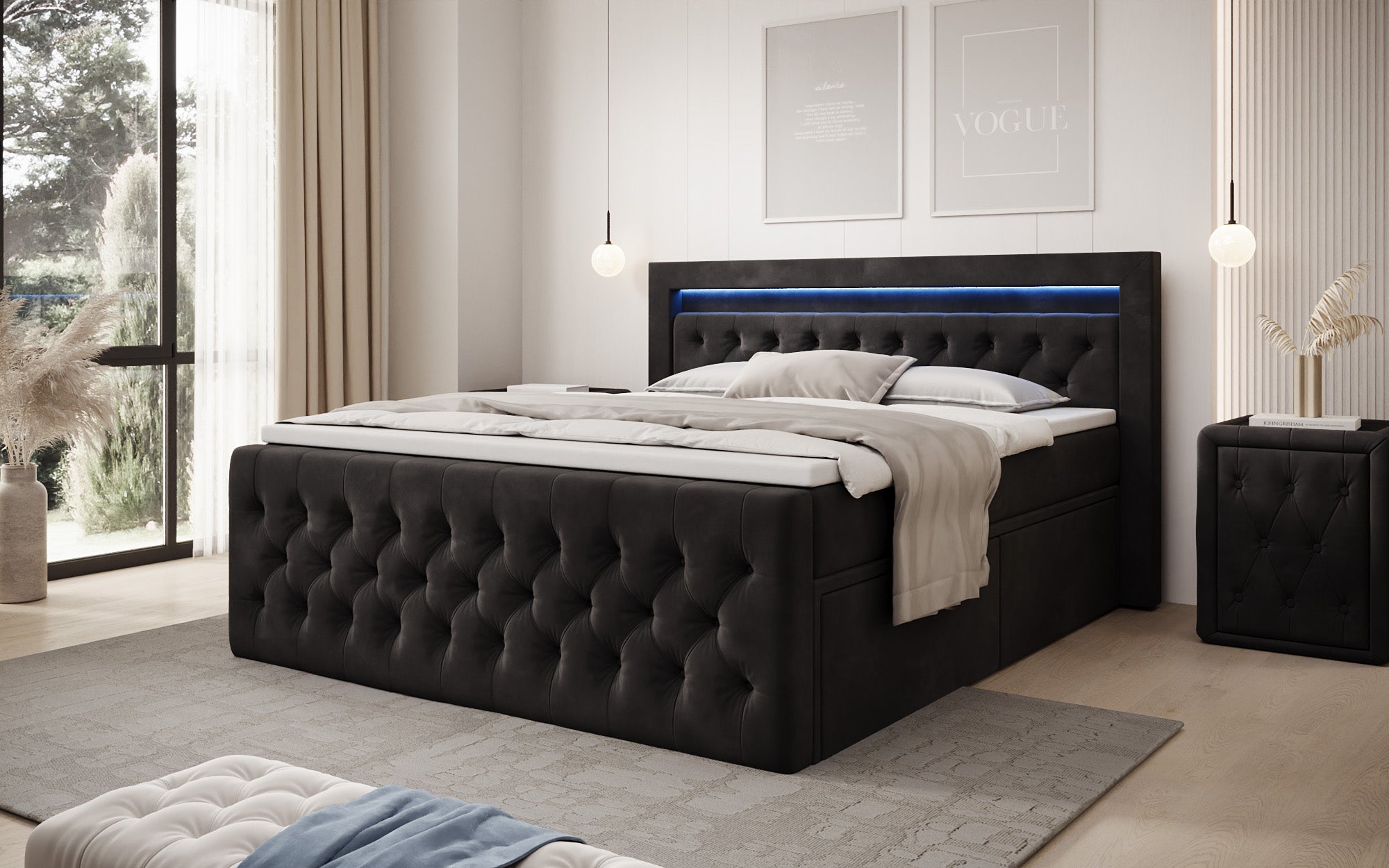 Boxspringbed Menzogna Samt mit LED und Stauraum (2 Schubladen)