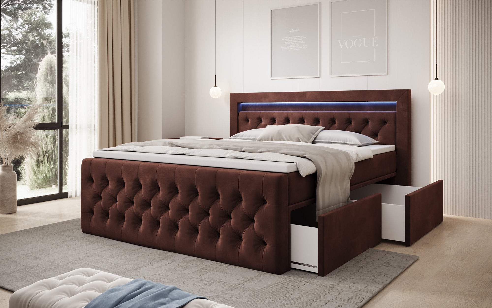 Boxspringbed Menzogna Samt mit LED und Stauraum (2 Schubladen)
