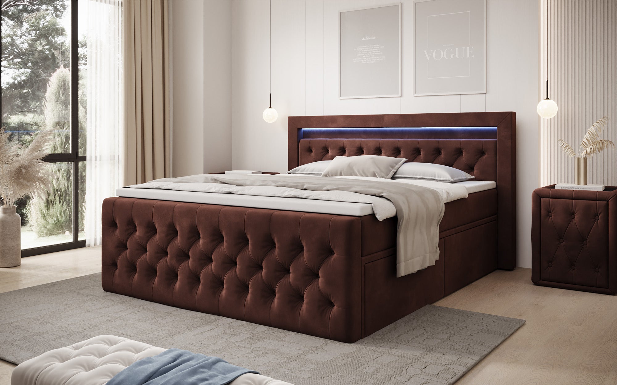 Boxspringbed Menzogna Samt mit LED und Stauraum (2 Schubladen)