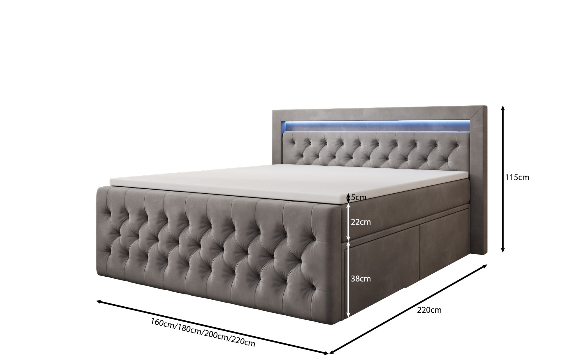 Boxspringbed Menzogna Samt mit LED und Stauraum (2 Schubladen)