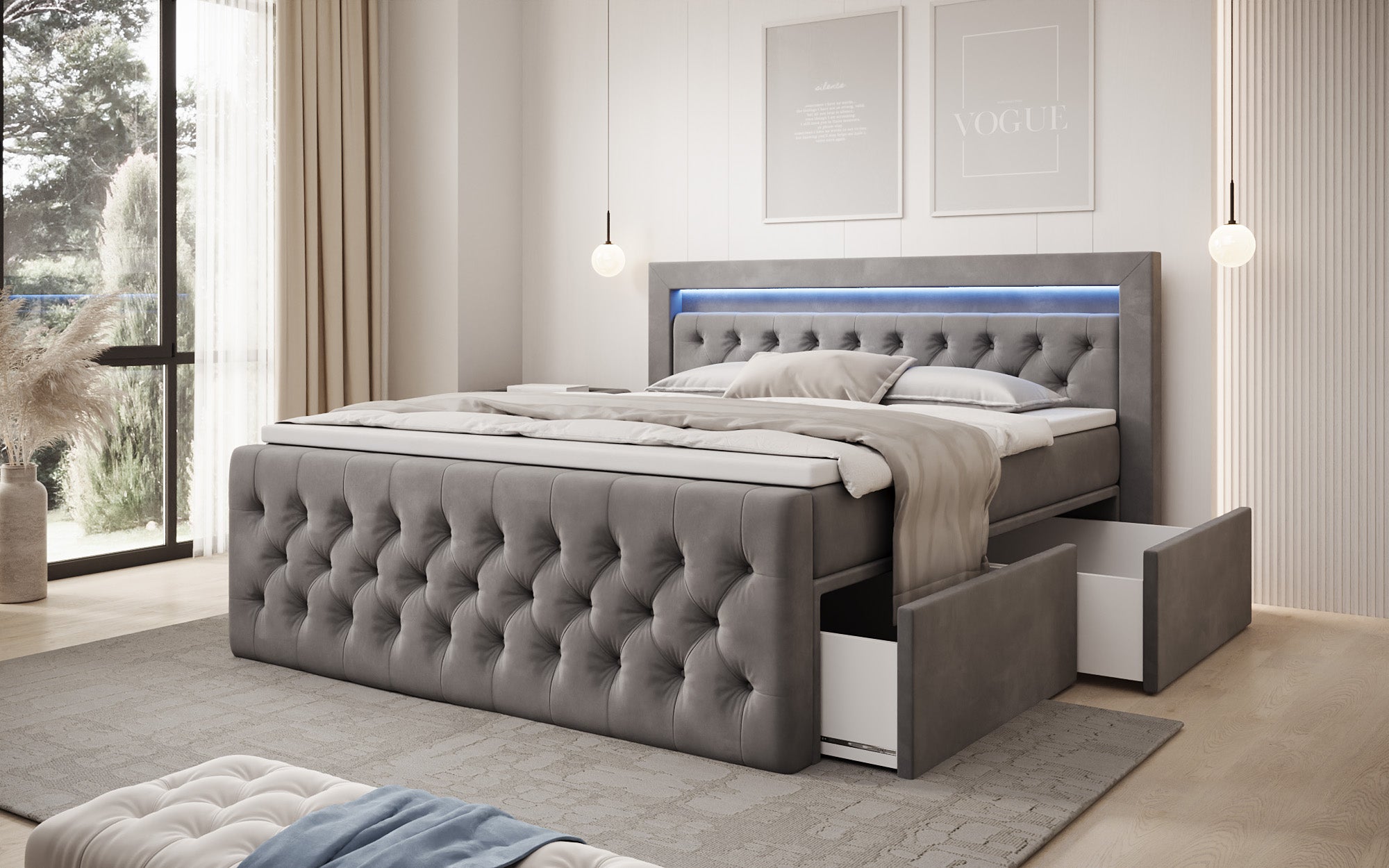 Boxspringbed Menzogna Samt mit LED und Stauraum (2 Schubladen)