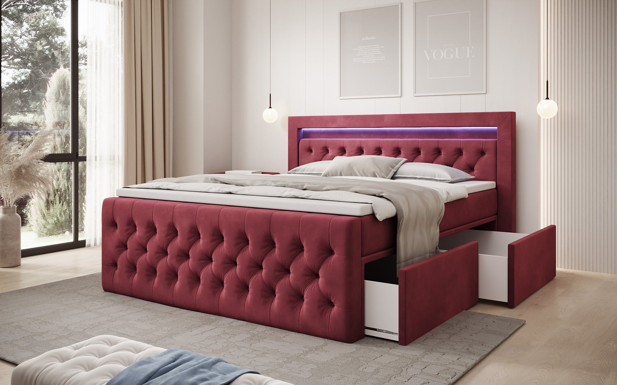 Boxspringbed Menzogna Samt mit LED und Stauraum (2 Schubladen)