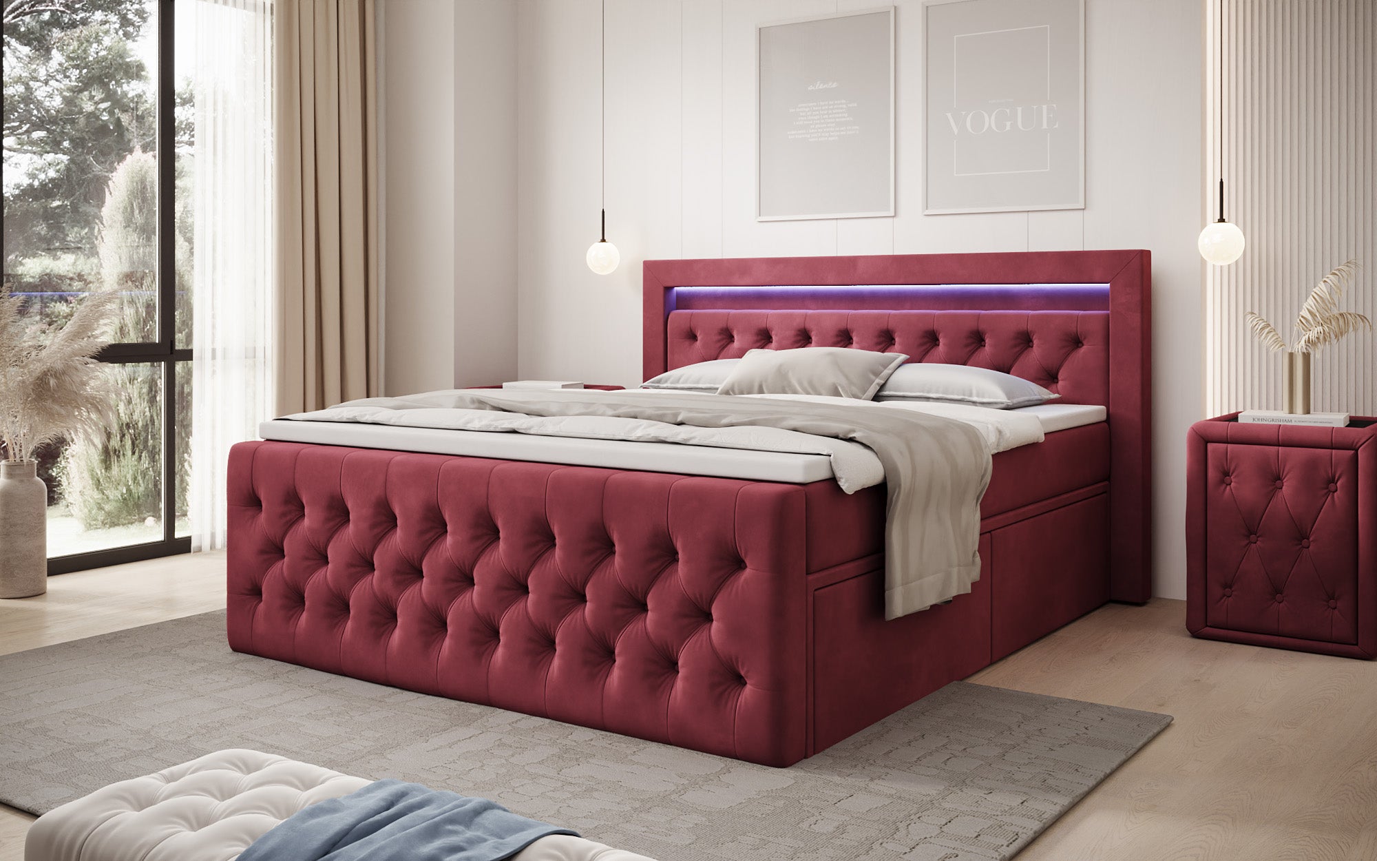 Boxspringbed Menzogna Samt mit LED und Stauraum (2 Schubladen)