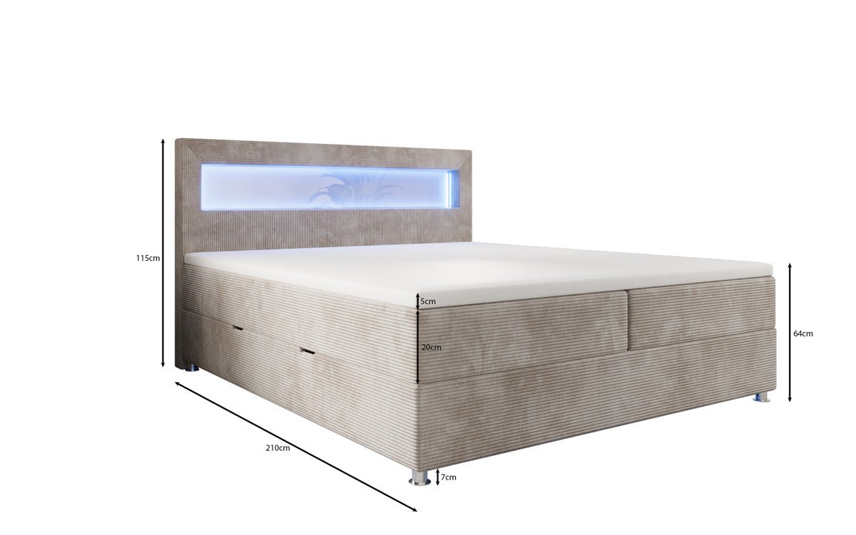 Boxspringbed Relax met LED, opbergruimte en USB/C in Ribstof