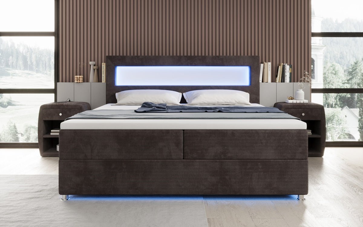 Boxspringbed Relax met LED, opbergruimte en USB/C in Ribstof