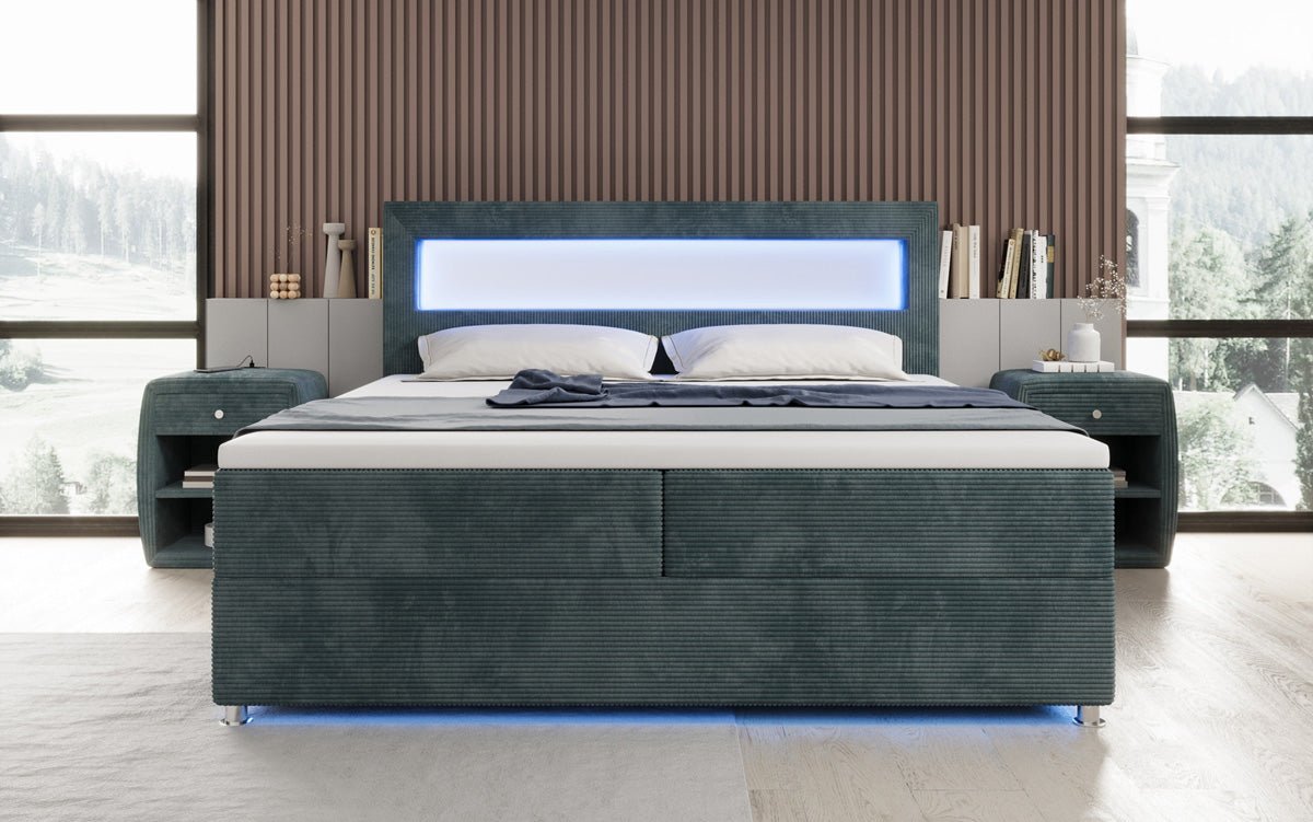 Boxspringbed Relax met LED, opbergruimte en USB/C in Ribstof