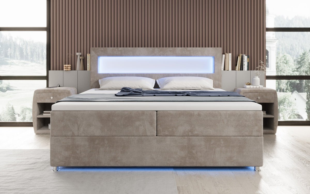 Boxspringbed Relax met LED, opbergruimte en USB/C in Ribstof