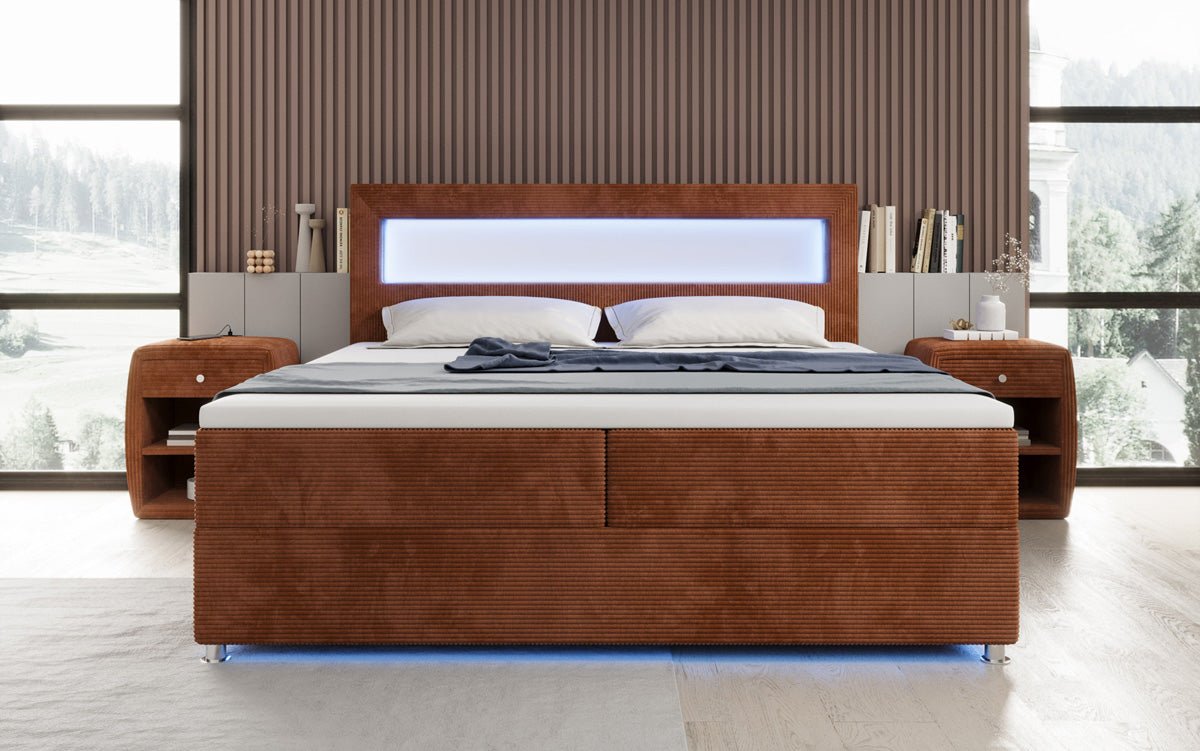 Boxspringbed Relax met LED, opbergruimte en USB/C in Ribstof