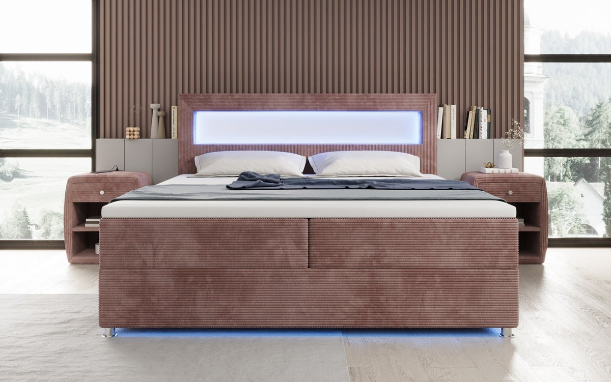 Boxspringbed Relax met LED, opbergruimte en USB/C in Ribstof