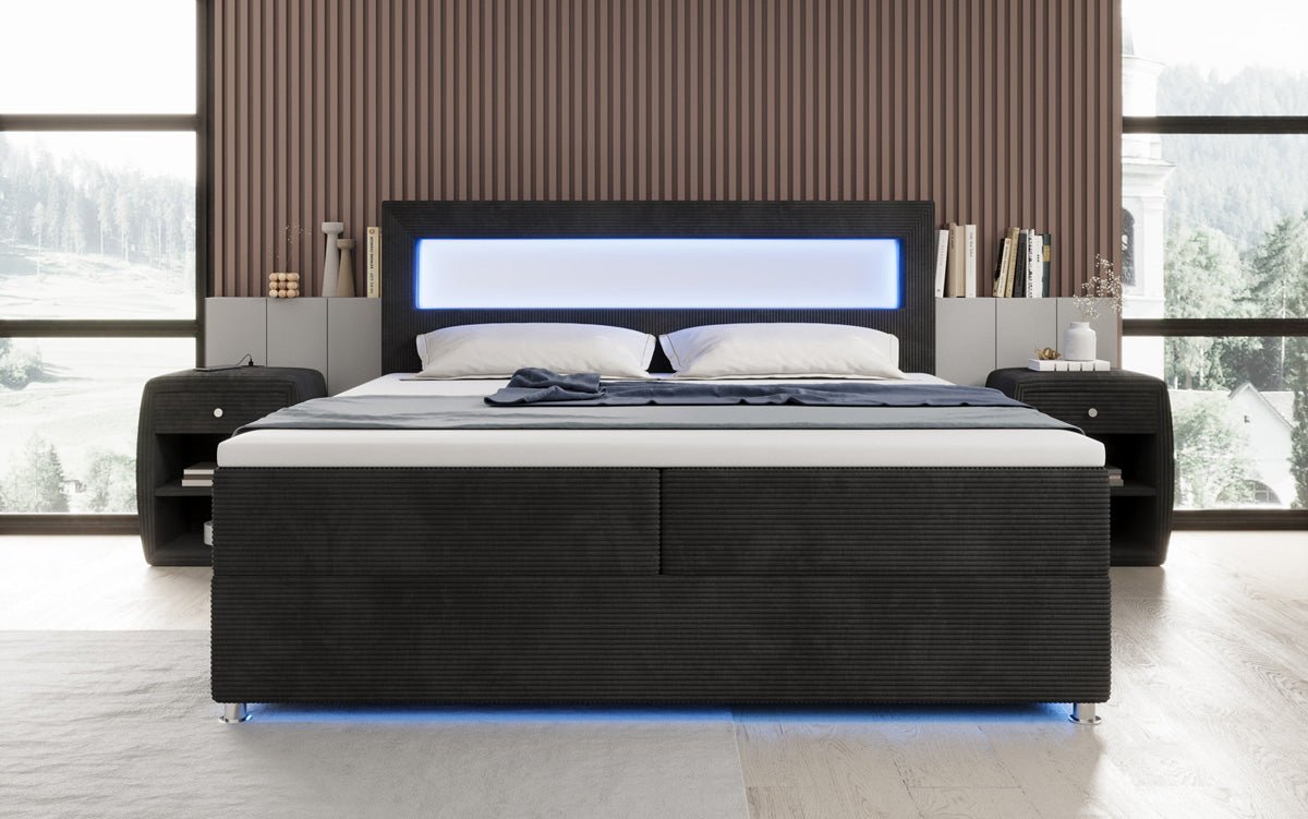 Boxspringbed Relax met LED, opbergruimte en USB/C in Ribstof
