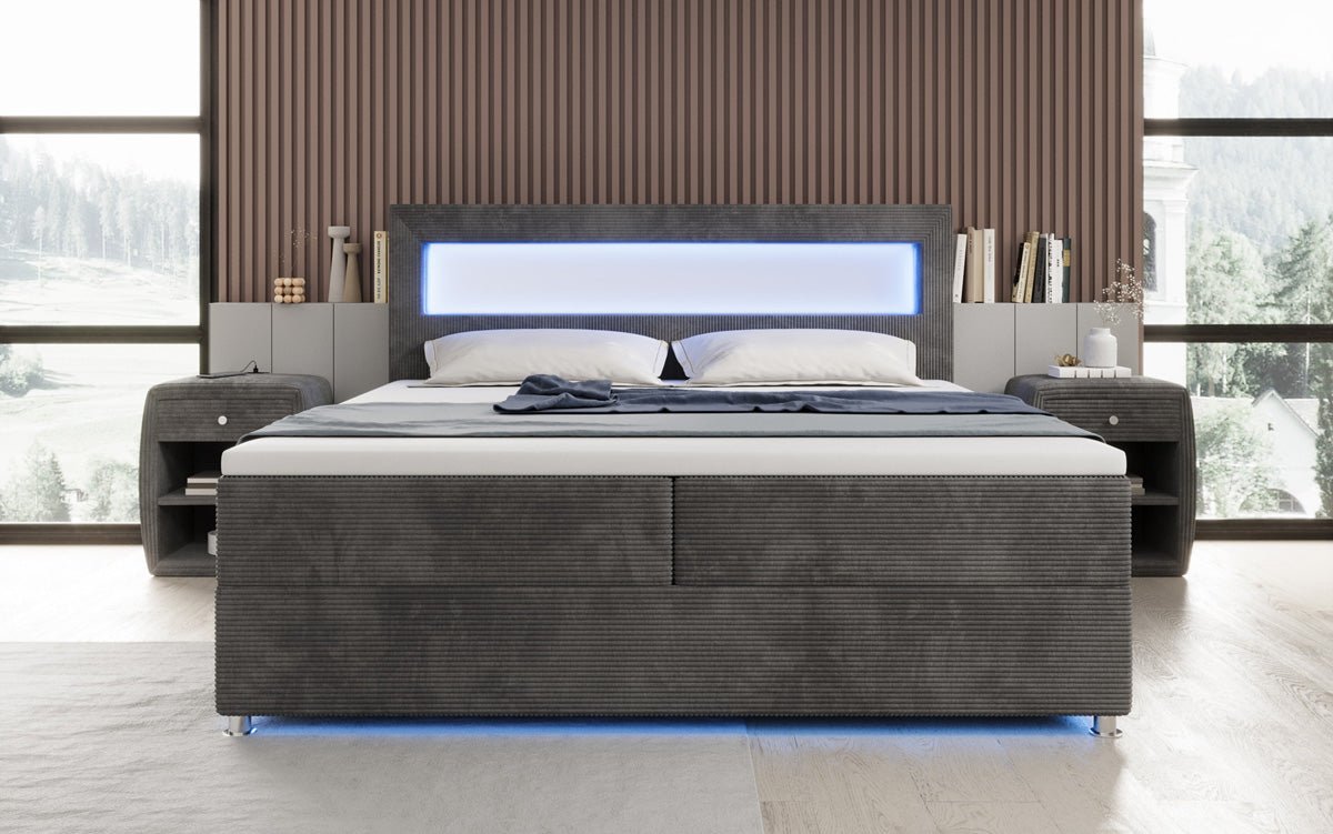 Boxspringbed Relax met LED, opbergruimte en USB/C in Ribstof