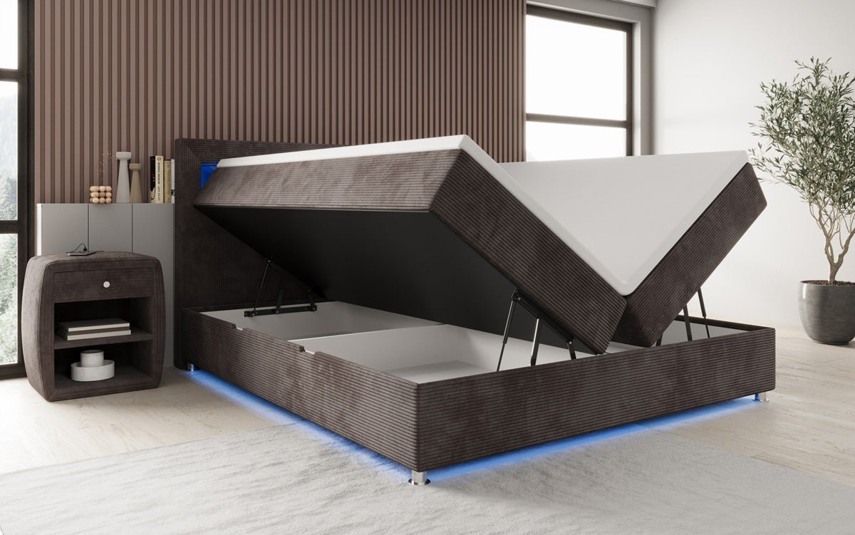 Boxspringbed Relax met LED, opbergruimte en USB/C in Ribstof