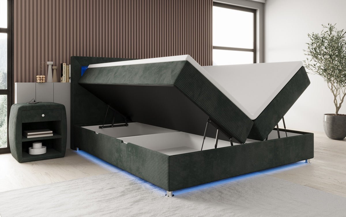 Boxspringbed Relax met LED, opbergruimte en USB/C in Ribstof