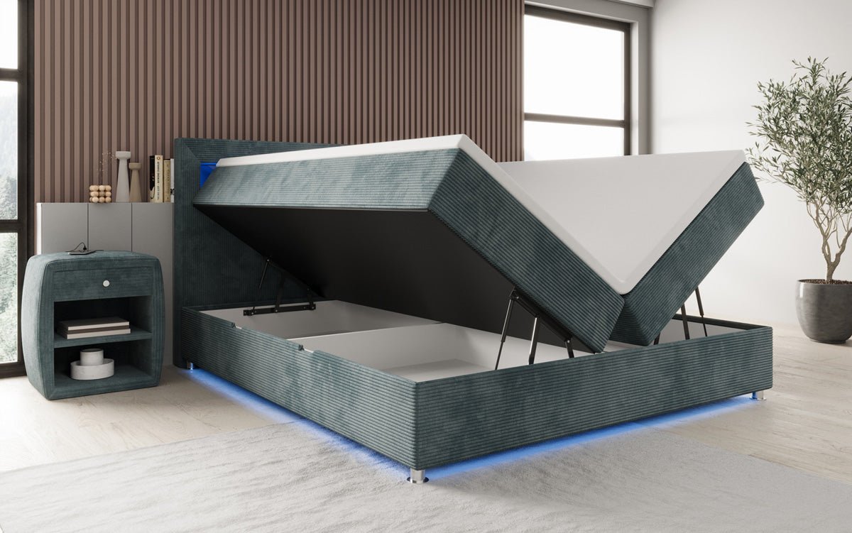 Boxspringbed Relax met LED, opbergruimte en USB/C in Ribstof