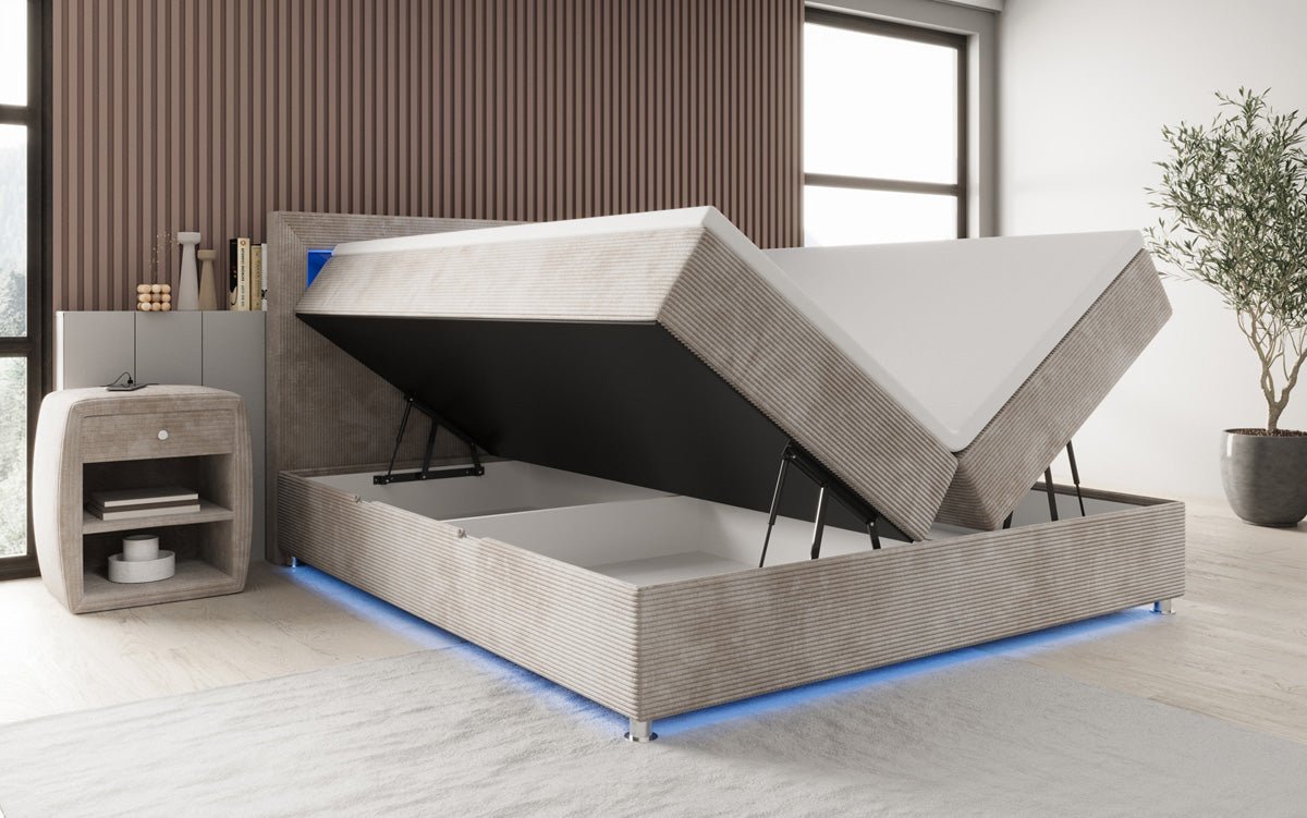 Boxspringbed Relax met LED, opbergruimte en USB/C in Ribstof