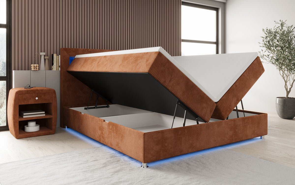 Boxspringbed Relax met LED, opbergruimte en USB/C in Ribstof