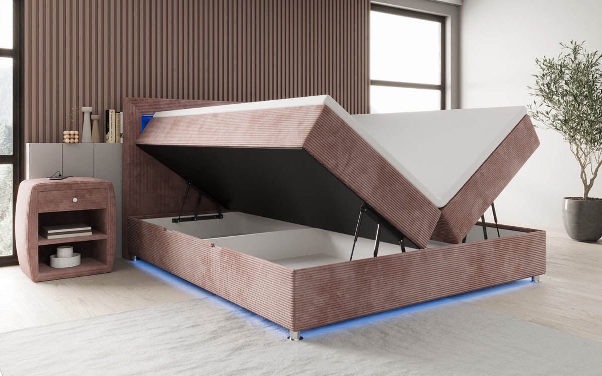 Boxspringbed Relax met LED, opbergruimte en USB/C in Ribstof