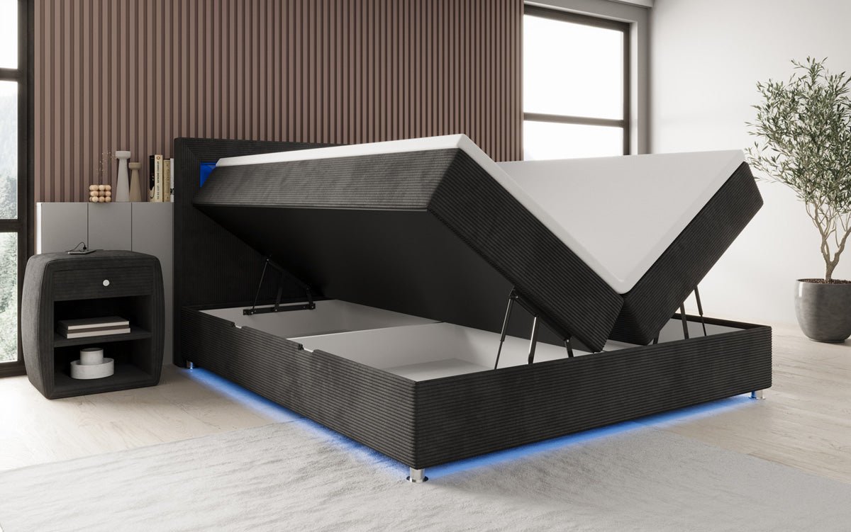 Boxspringbed Relax met LED, opbergruimte en USB/C in Ribstof