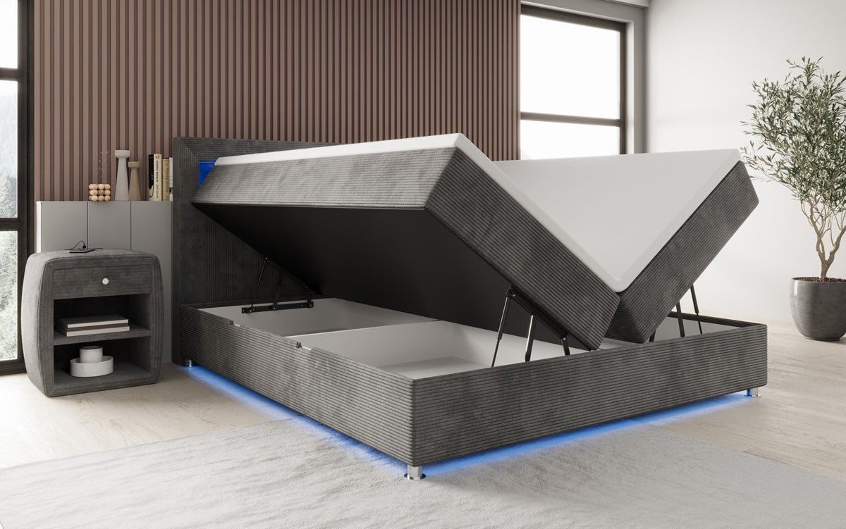 Boxspringbed Relax met LED, opbergruimte en USB/C in Ribstof