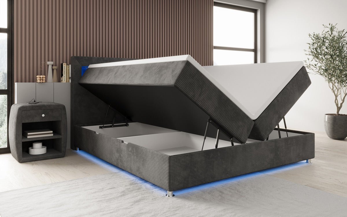Boxspringbed Relax met LED, opbergruimte en USB/C in Ribstof