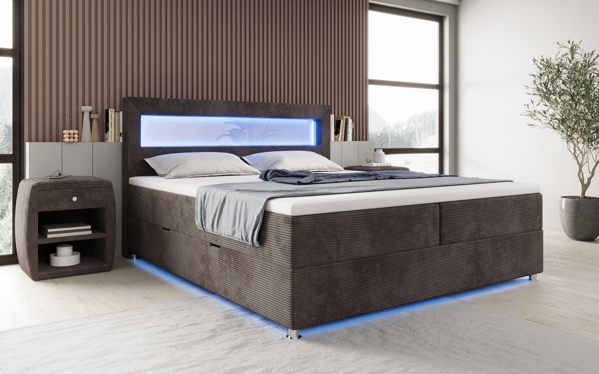 Boxspringbed Relax met LED, opbergruimte en USB/C in Ribstof